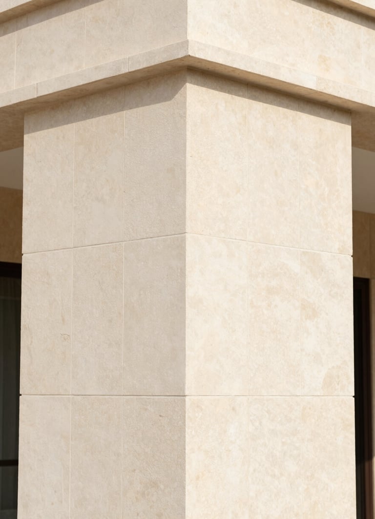 Close-up architectural photograph of natural limestone cladding joints on a luxury villa exterior at Al Reem Island, clean stone joints, bright natural daylight, sharp focus, 35mm