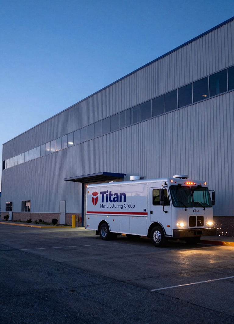 Wide shot of Titan Manufacturing Group's Phoenix facility exterior at dusk, industrial architecture, long shadows, a branded mobile service truck parked outside. Cool blue tones, dramatic lighting, 50mm lens.