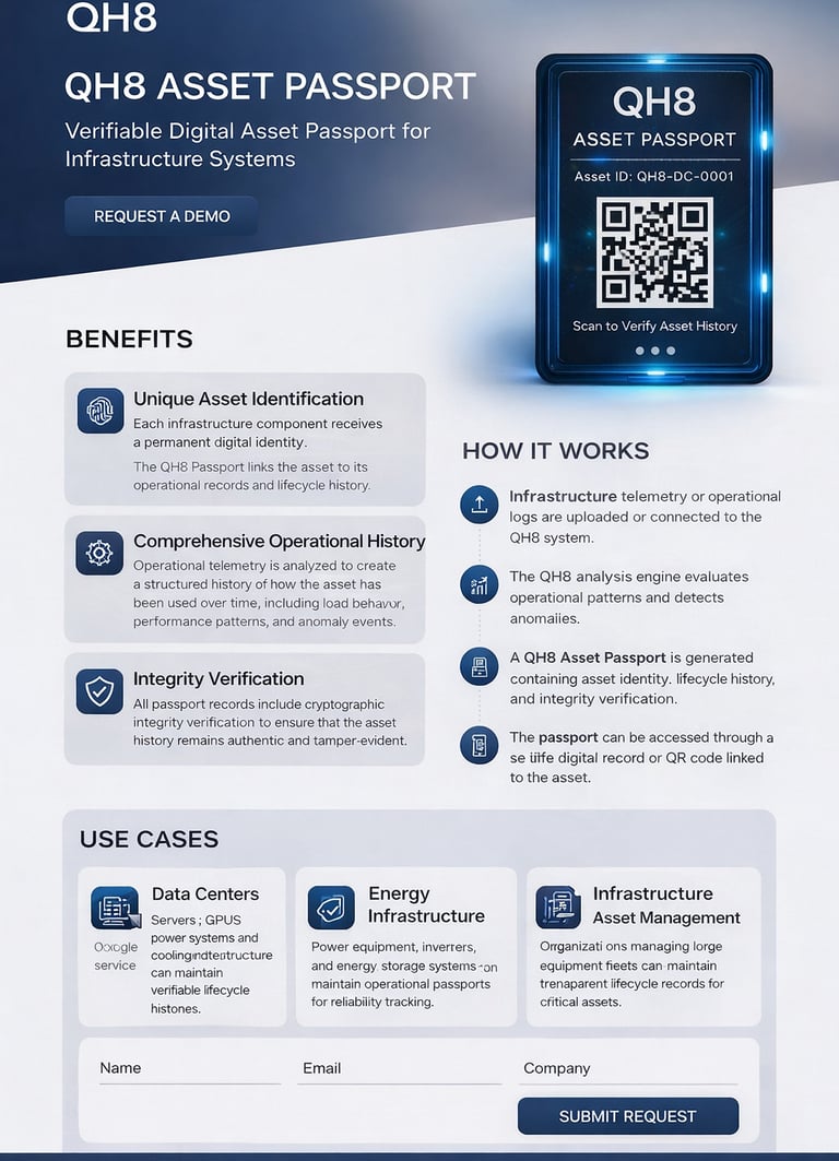 Each infrastructure component receives a permanent digital identity. The QH8 Passport asset