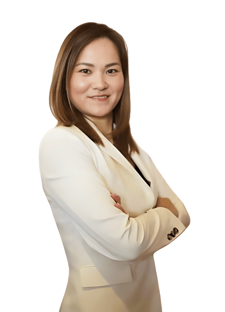 an asian woman in a white suit and a black tie