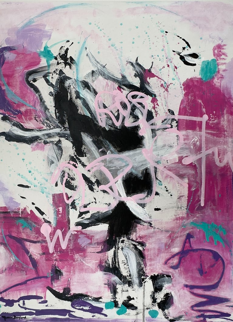 Black, redviolet and white wild brush strokes painting.