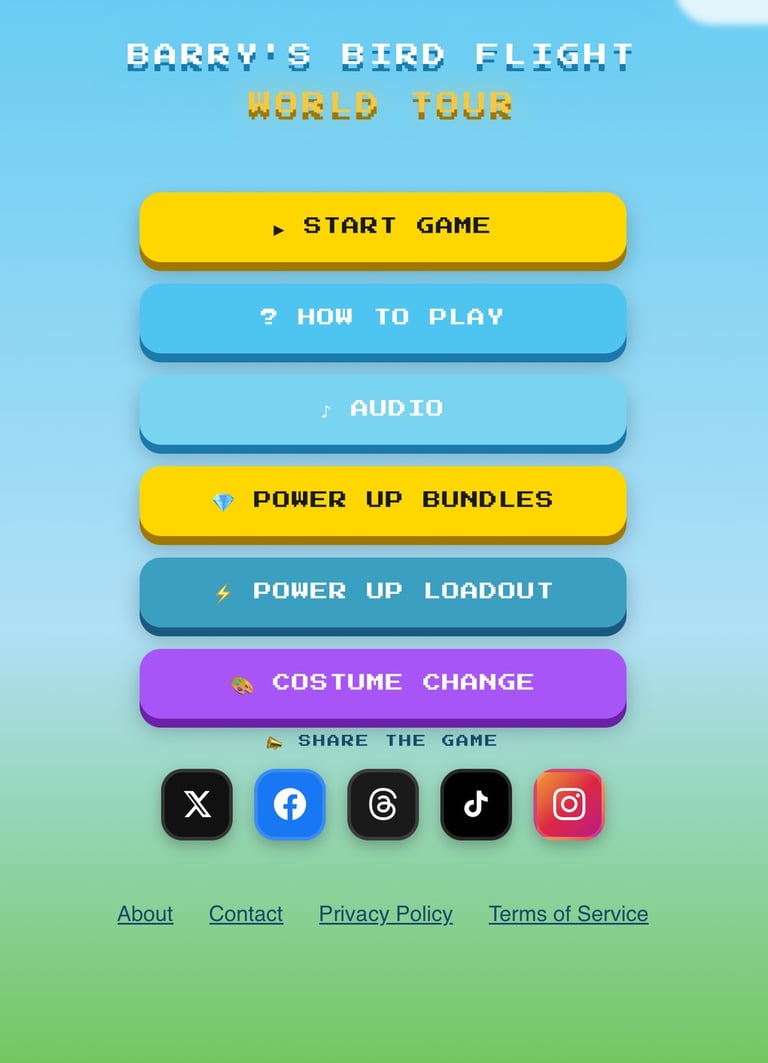Barry's Bird Flight World Tour mobile game main menu with colorful pixel art buttons and social media icons.