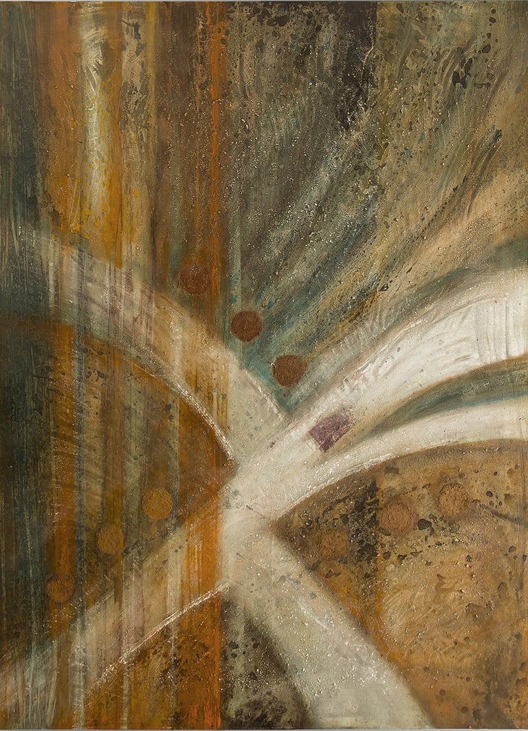 Abstract contemporary oil painting with textured earthy brown and white curved brushstrokes.