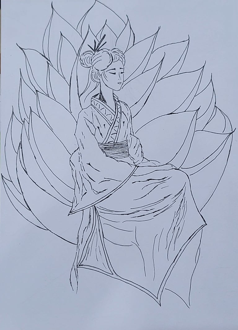 Dibujo a lápiz de Óscar Ocaña Parrón; una princesa oriental está sentada en un Trono con forma de Flor de Loto