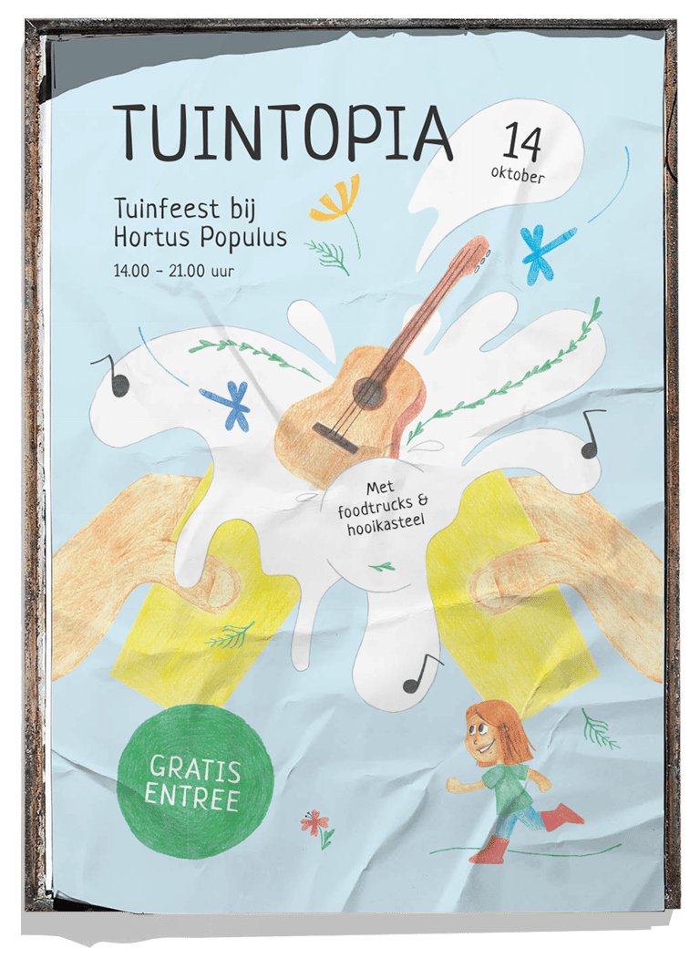 Potloodtekening van proostend bier, gitaar, bloemen en kinderen op festivalposter