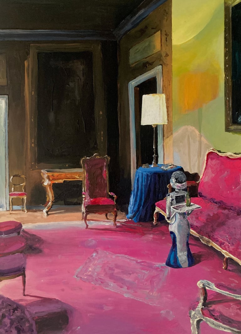 a painting of classical living room with robot serving wine by martin wojnowski