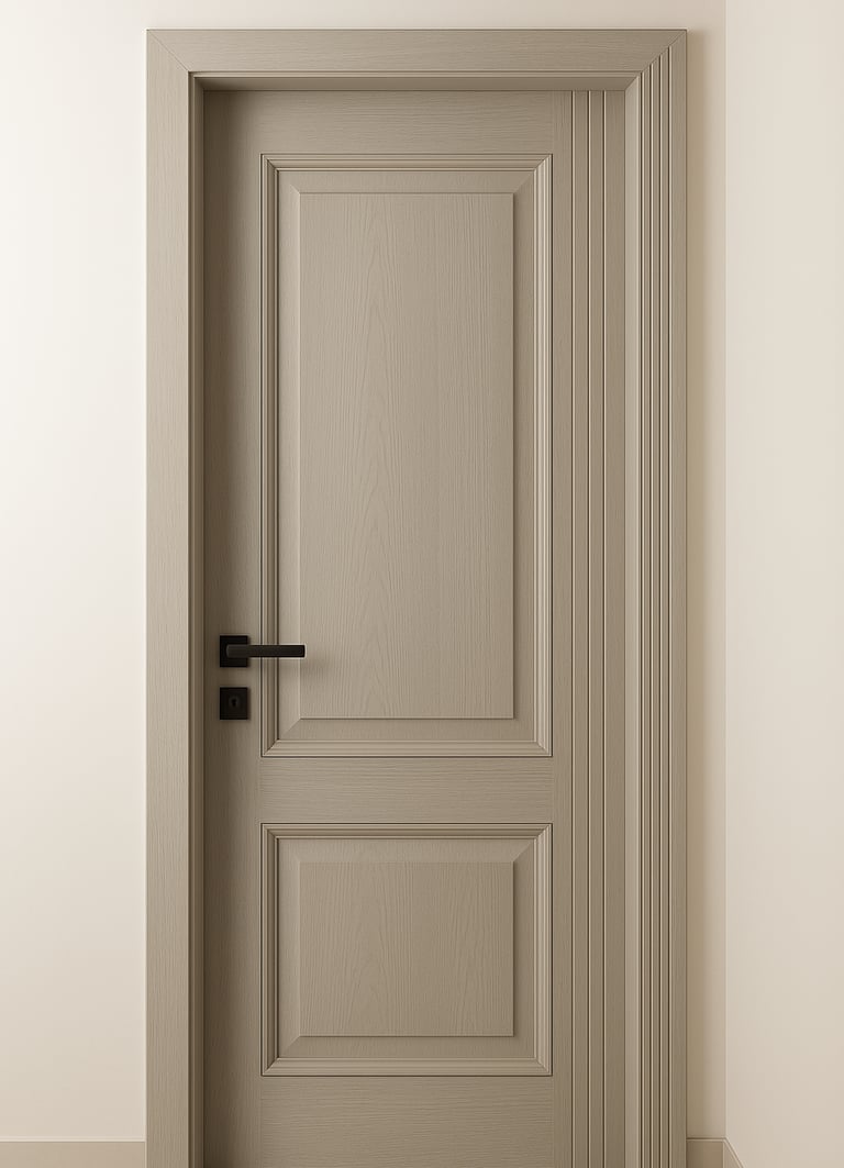 Modern beige wood grain interior door featuring two recessed panels and a sleek black handle.
