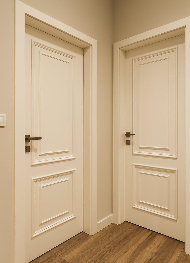 Two white paneled interior doors with modern black handles on oak hardwood flooring.