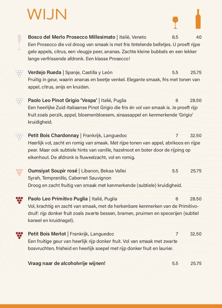 Menukaart van restaurant De Stal in Den Burg op Texel