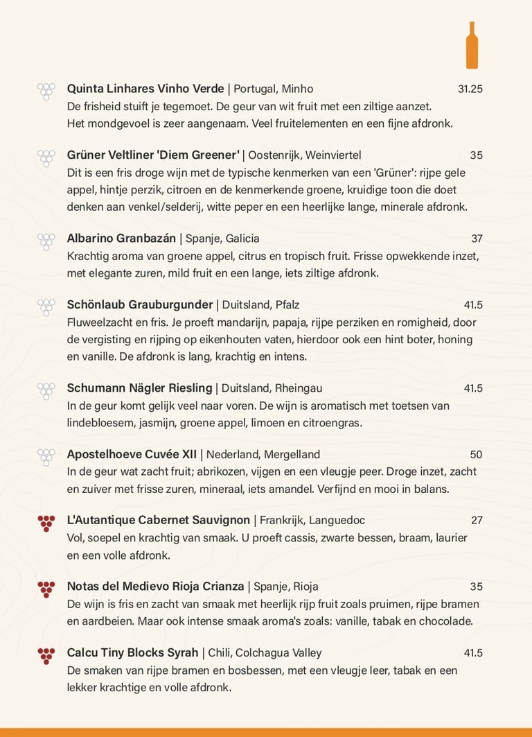 Menukaart van restaurant De Stal in Den Burg op Texel