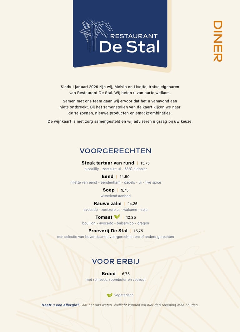 Menukaart van restaurant De Stal in Den Burg op Texel