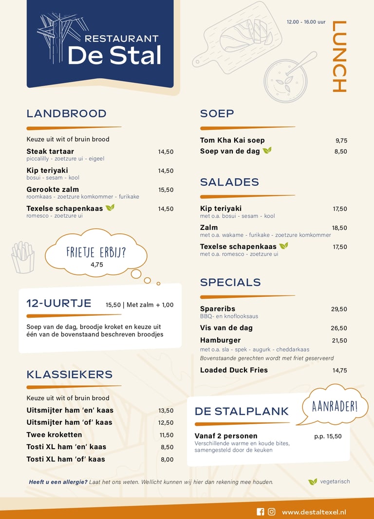 Menukaart van restaurant De Stal in Den Burg op Texel