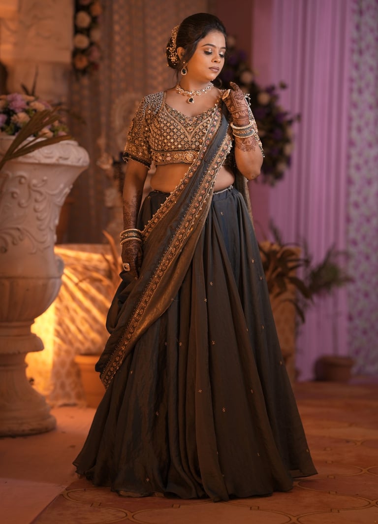 best green and golden lehenga with best makeup artist r&d bridal makeup in gotri