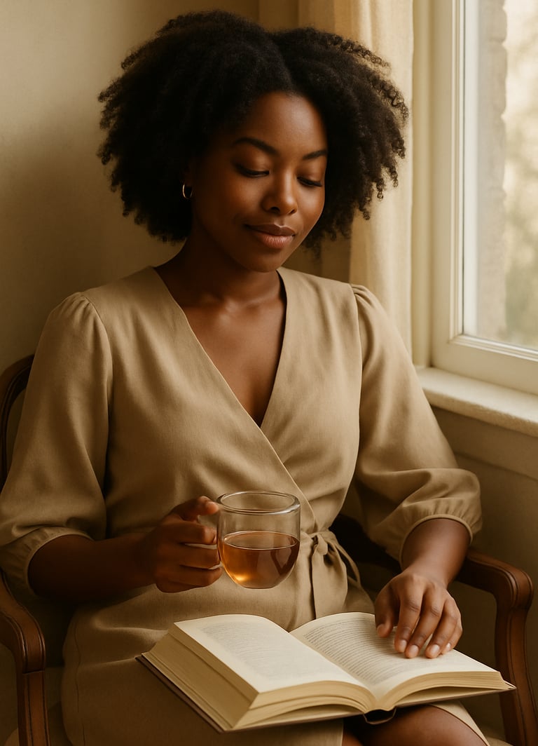 Black woman reading a book in natural light, symbolizing empowerment and reflection