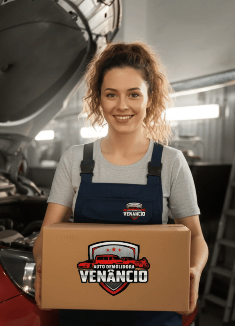 Funcionária da Auto Demolidora Venâncio entregando caixa de peças usadas para carro em oficina