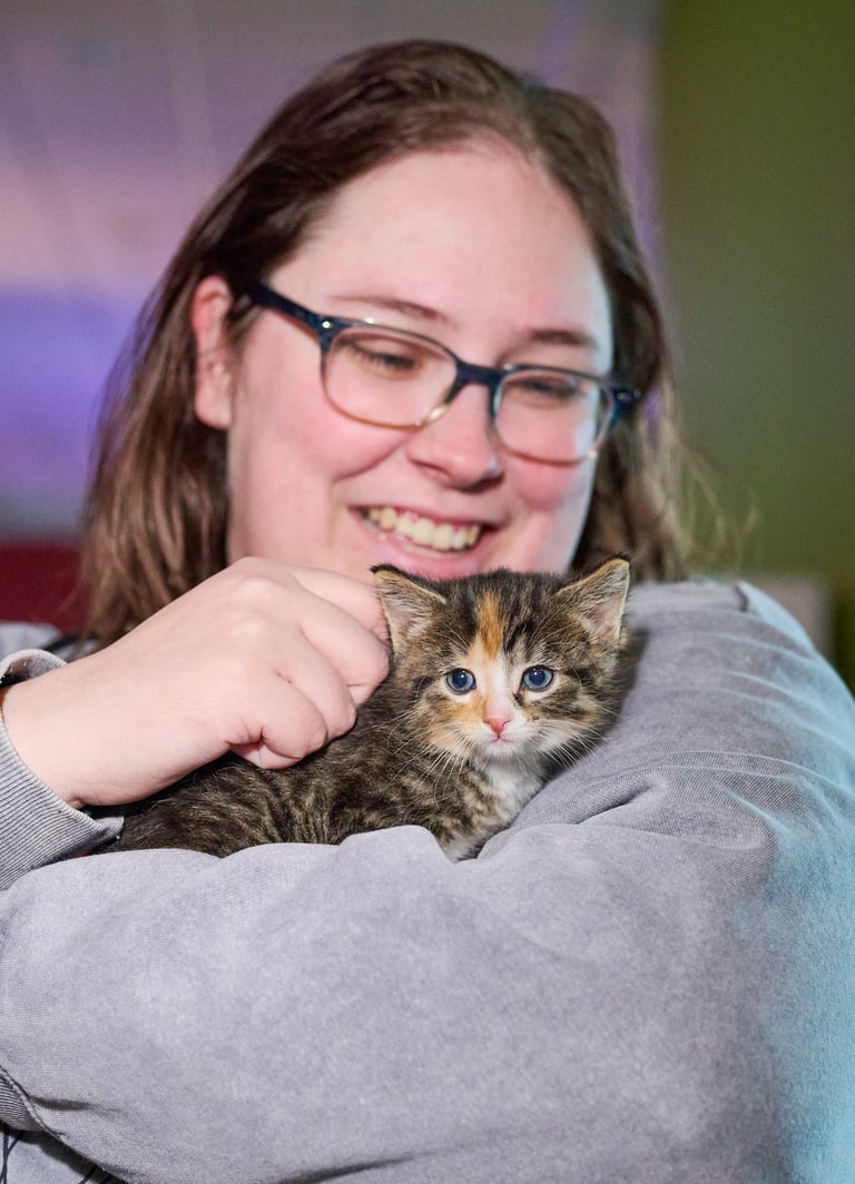 a woman in glasses and a gray sweater holding a kitten