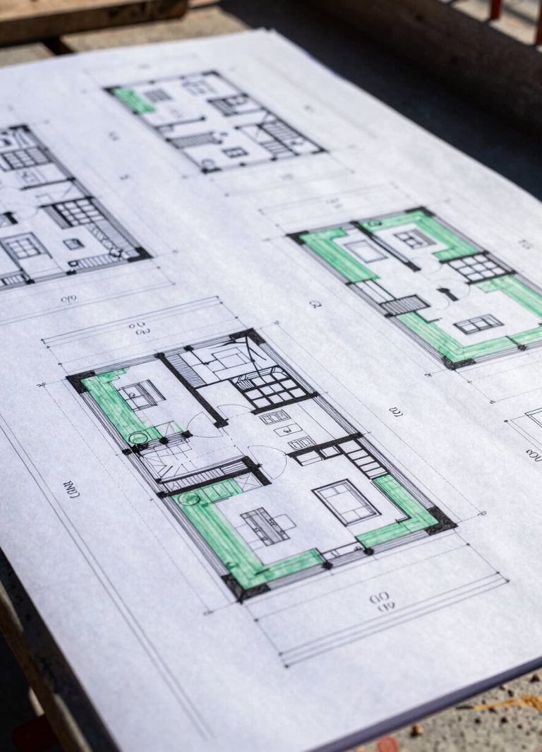 Detailed architectural drawings on a construction site table, harsh direct midday sun, high-contrast cool blue and safety green tones, sharp detail, 35mm lens