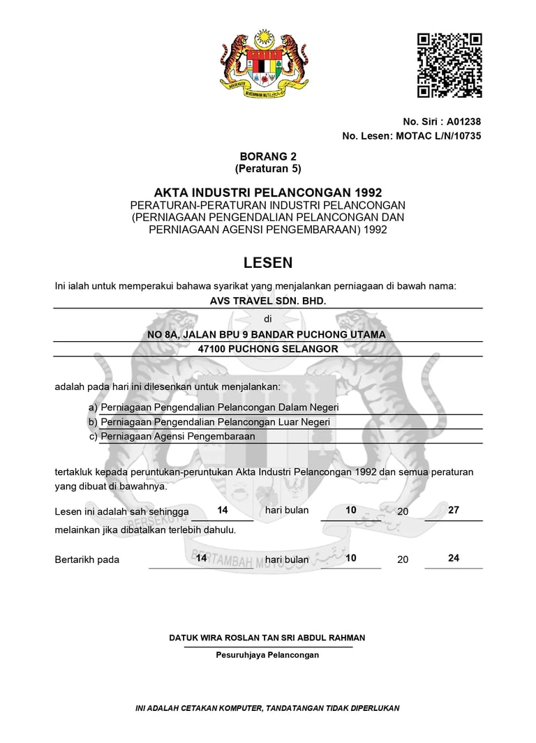 MOTAC Certificate