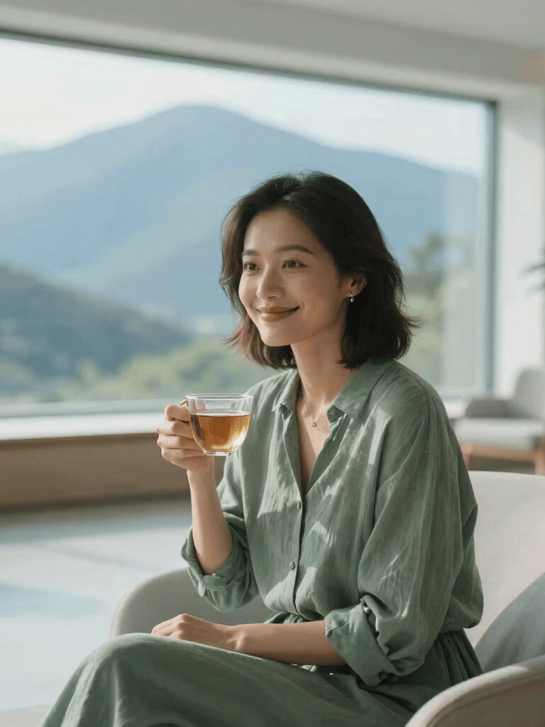 Cool editorial portrait of a woman with a warm, genuine expression, sitting in a bright, modern sanctuary-like room with a cup of tea, soft morning light, 35mm.