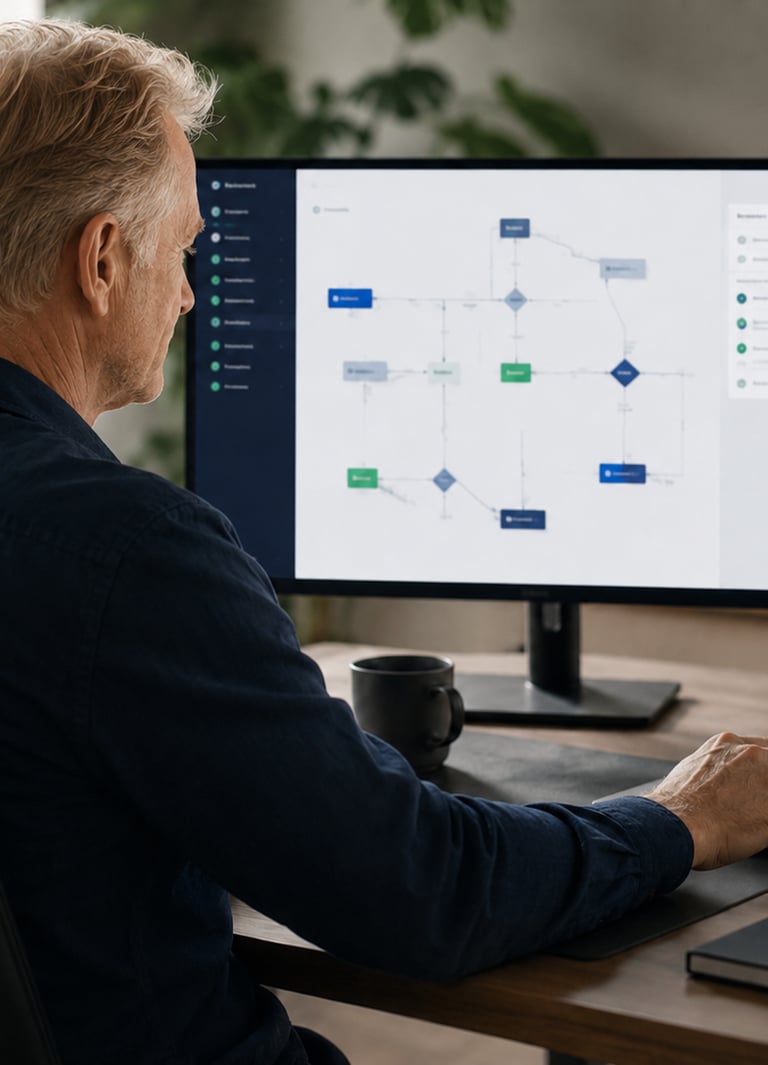Digital workflow canvas showing AI, automation, and human-in-the-loop process design.