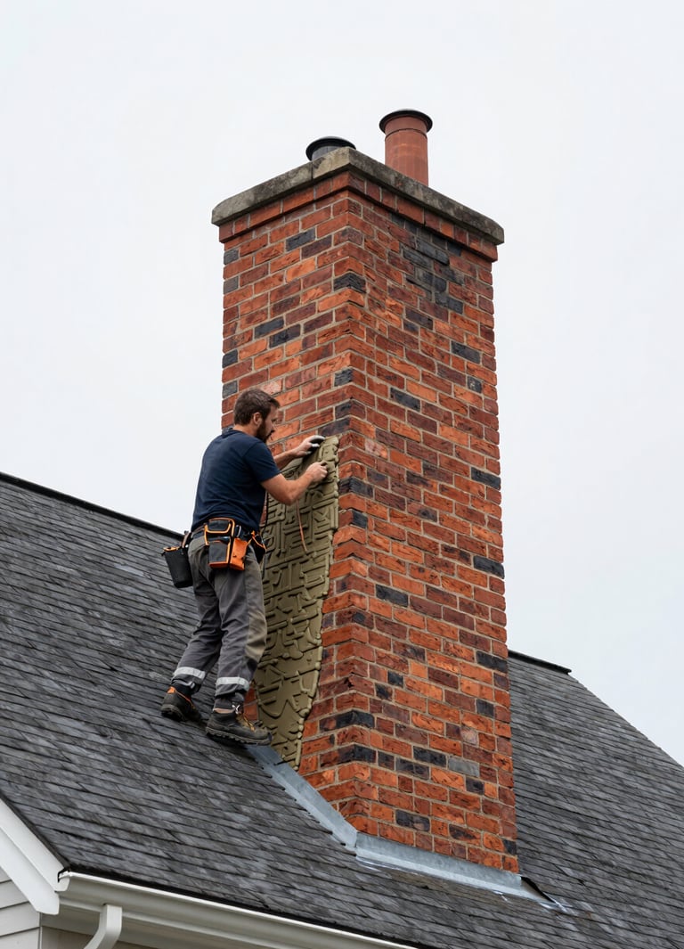 Wide shot of a skilled mason carefully applying mortar to a historic brick chimney on a New England home, natural overcast daylight, sharp focus, 35mm lens, editorial documentary photography, warm terracotta and deep charcoal tones.