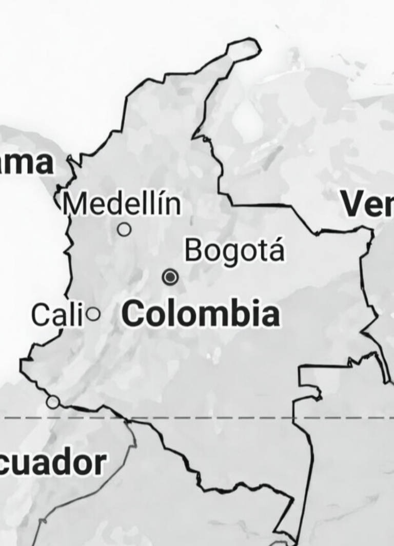 Outline of map of Colombia surrounded by Panama Ecudor and Venezuela