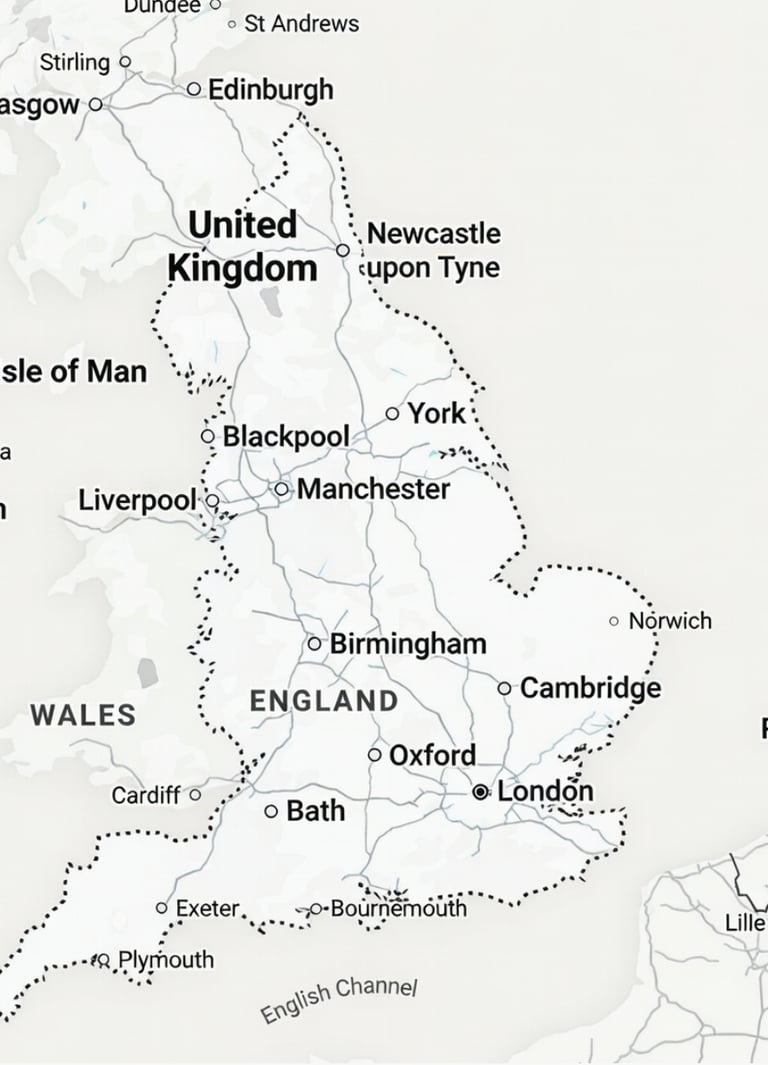 Map of England outlined in the UK