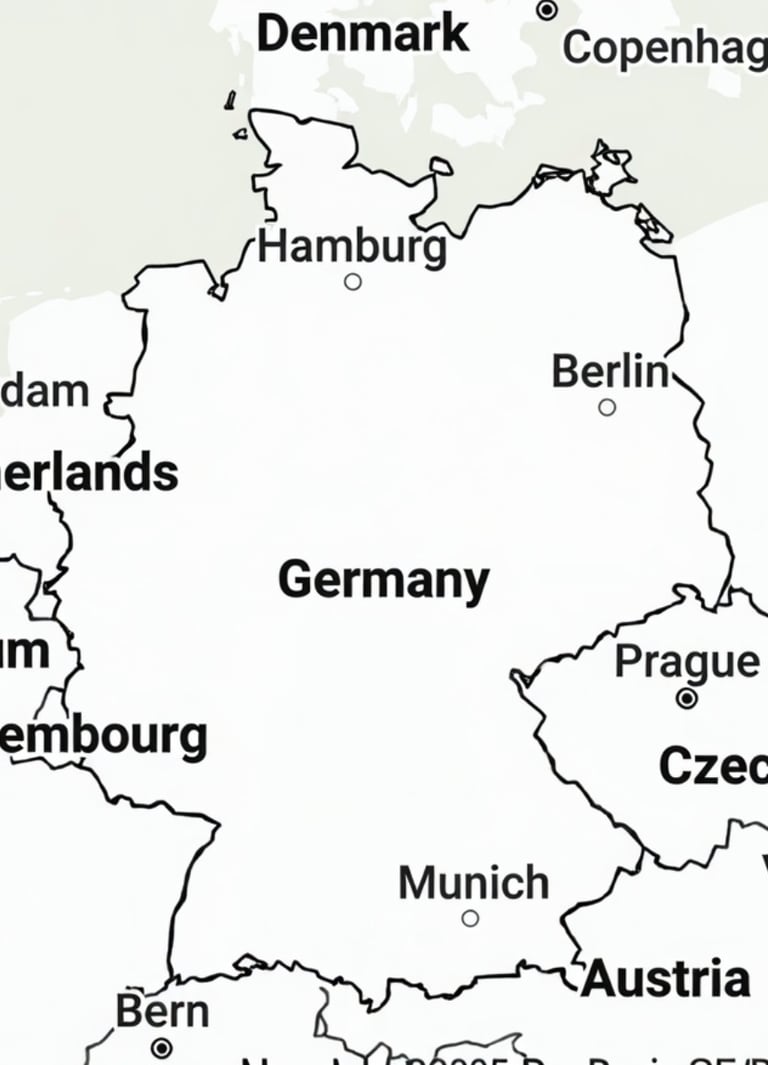 Image of outline map of Germany with cities and surrounding countires