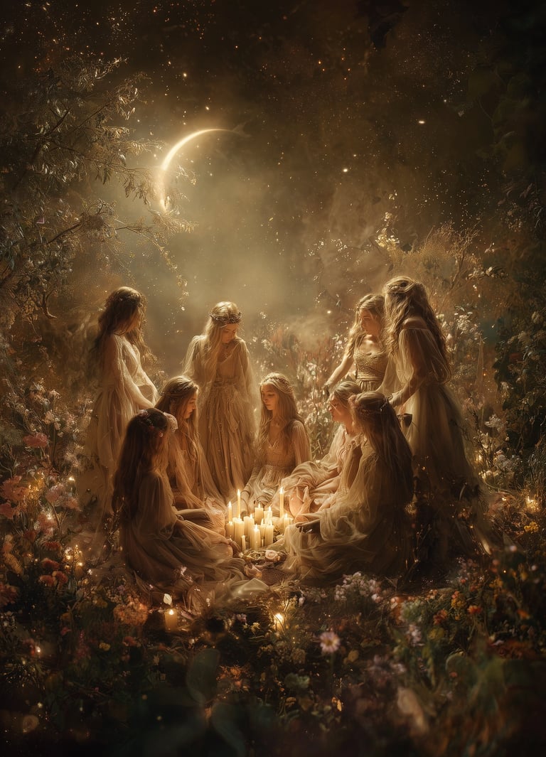 cercle de femmes et sorcières au clair de lune pendant les célébrations de Yule, le sabbat d'hiver