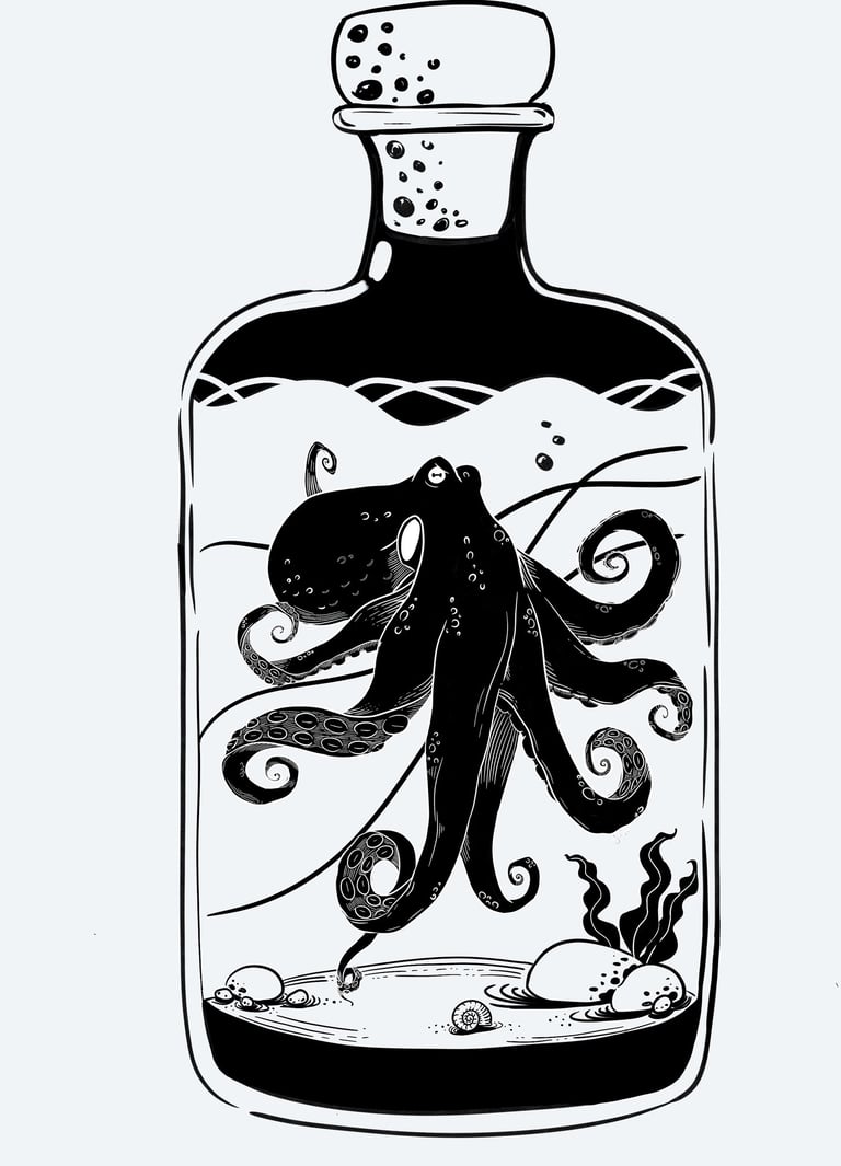 Bouteille de rhum contenant un poulpe