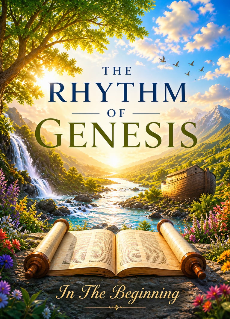 Devotional image for The Rhythm of Genesis with a sunrise valley, waterfall, scroll, and ark”