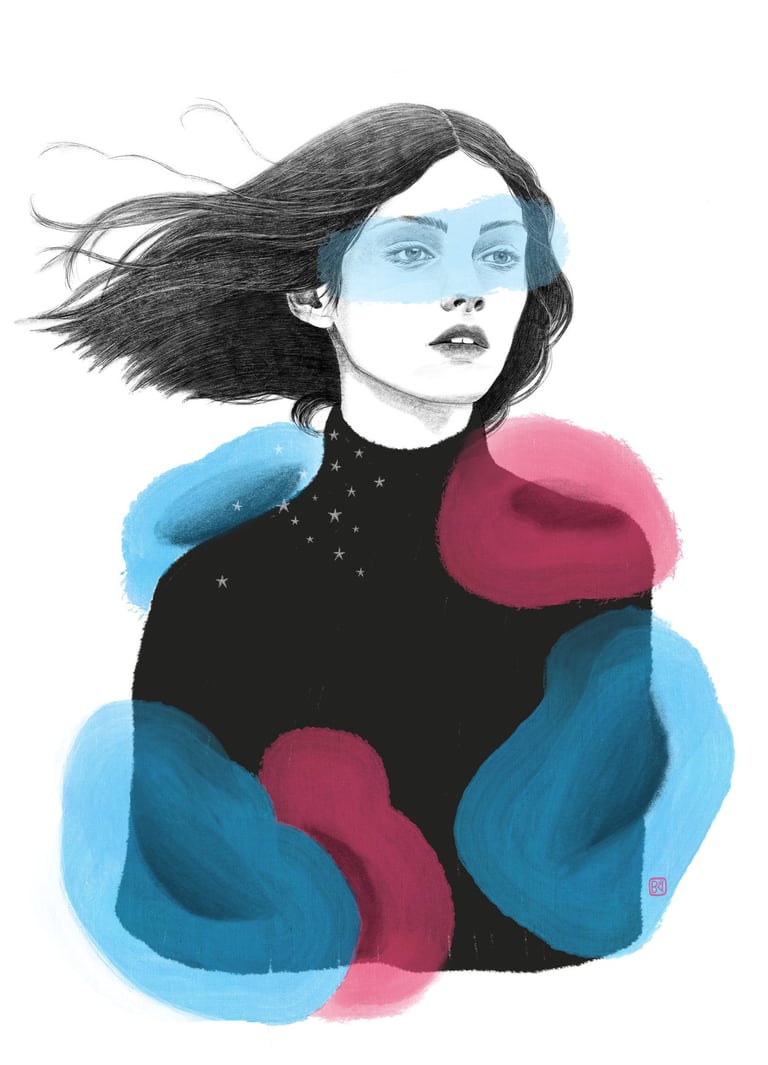 black and white portrait of a beautiful woman with abstract splashes of colour.