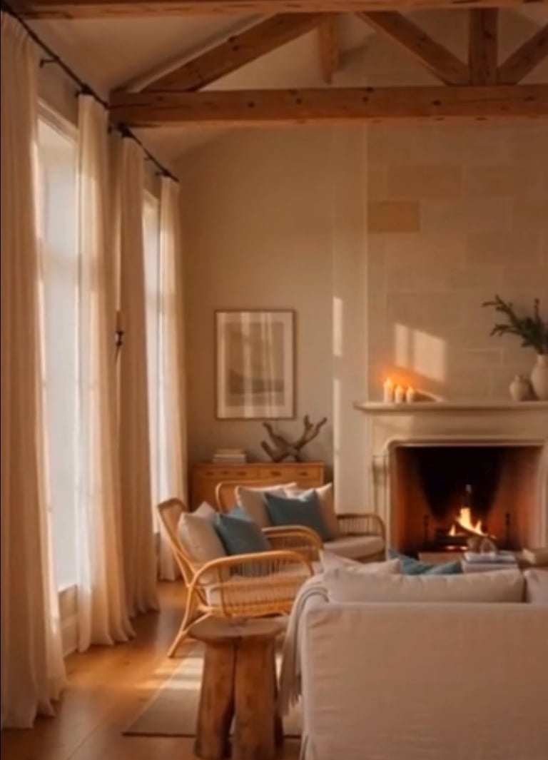 Warm coastal living room with sandy tones, natural materials, and relaxed elegance