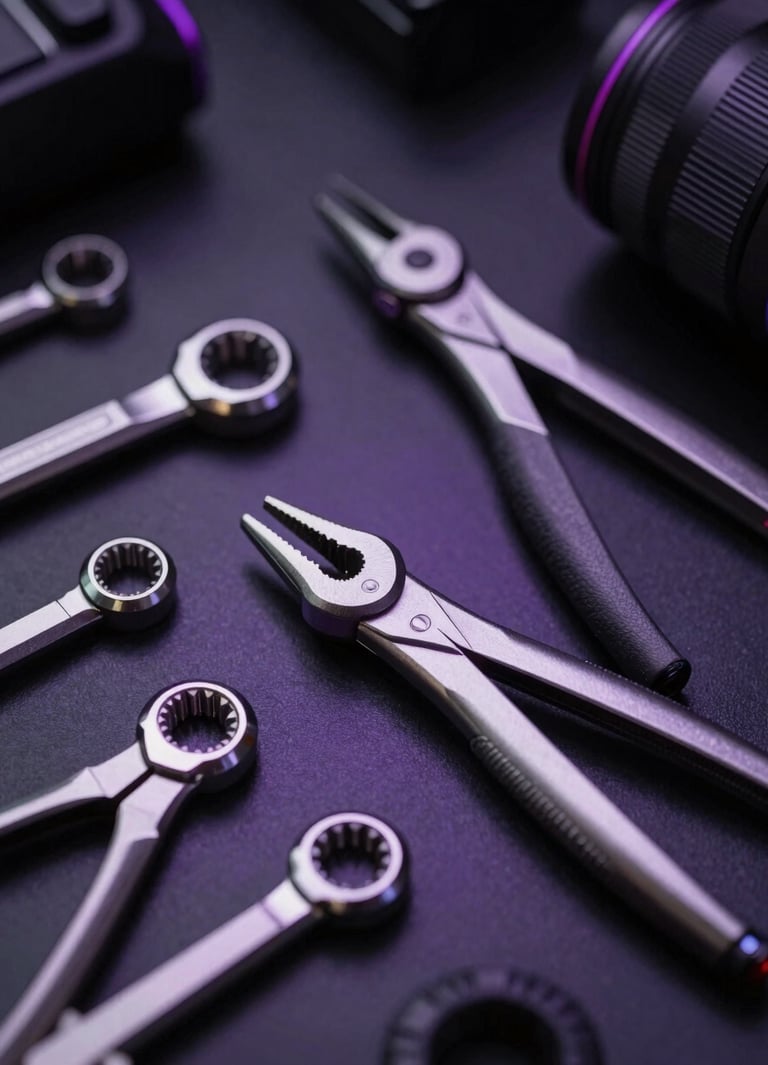 Overhead shot of professional IT repair tools meticulously arranged on a dark, reflective surface, with a subtle violet glow emanating from beneath, macro depth of field.