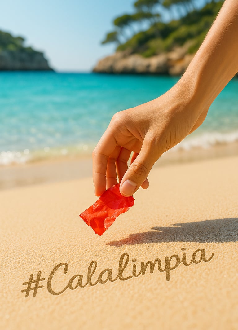 Mano recogiendo un pequeño residuo plástico de una playa de arena en Mallorca, con el hashtag #Calalimpia