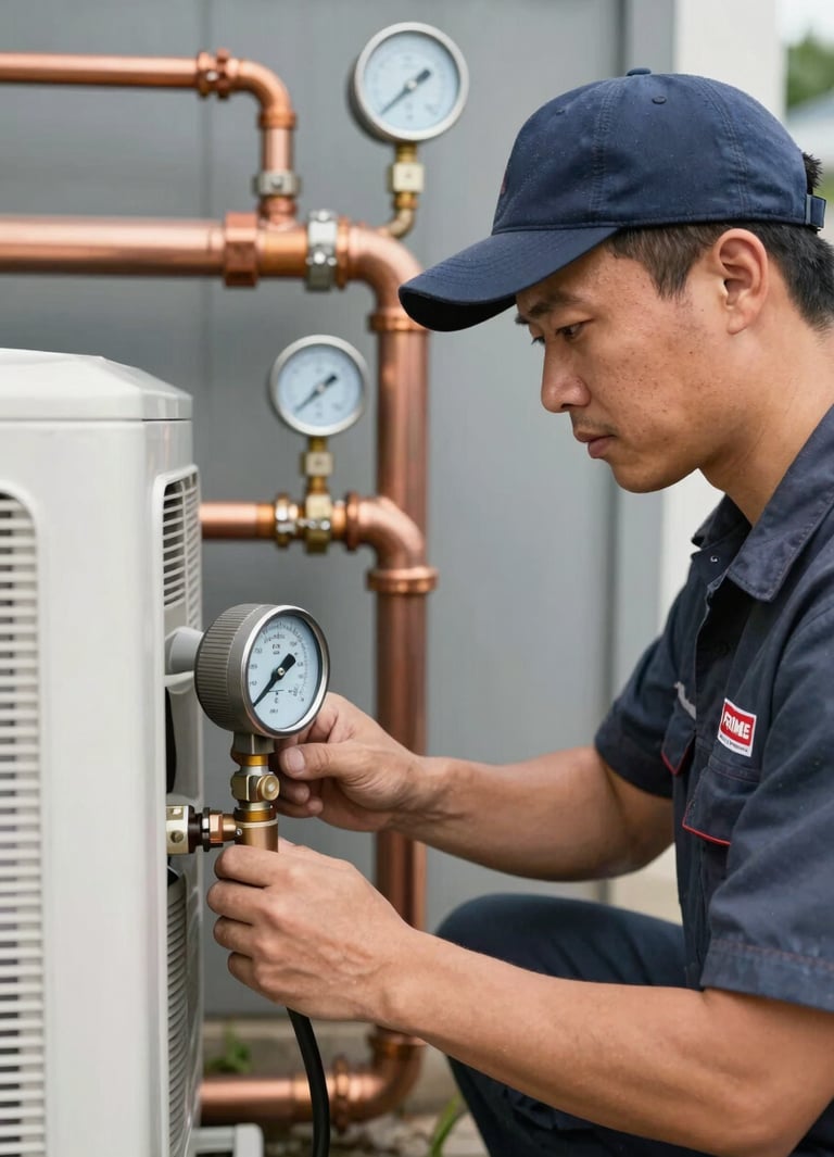 Close-up portrait of a skilled HVAC technician wearing a Prime Fountain HVAC Repair uniform, working on an outdoor AC compressor unit under bright daylight, focused expression, copper pipes and gauges visible.