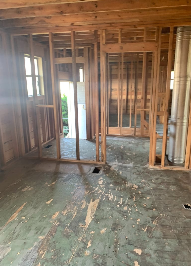 wall framing exposed, flooring removed