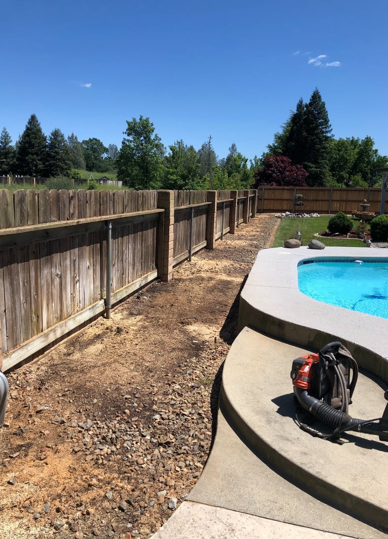 a cleared area near backyard fence and pool