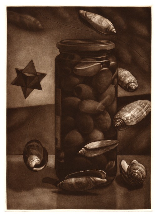 Mezzotint Olive shells Kalamata olives stella Octangula Polyhedron Robert De Groff DeGroff