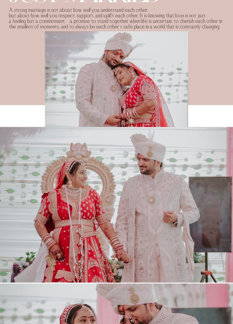 Collage of wedding moments: Just Married couple holding hands and groom kissing bride's hand.