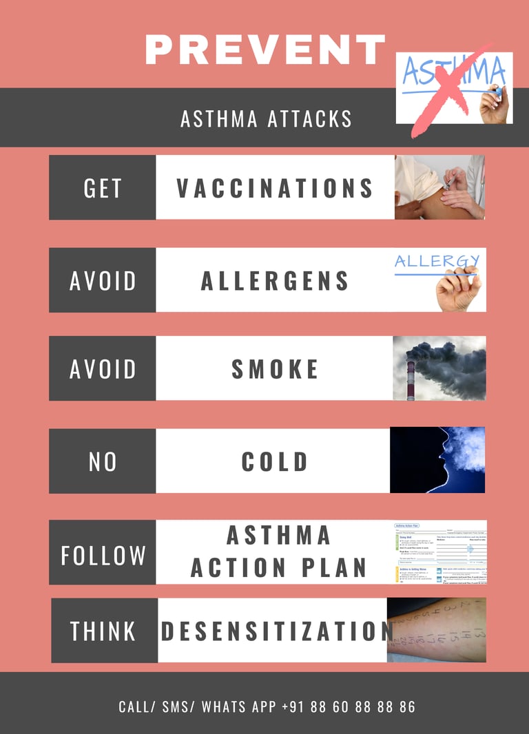 Prevent Asthma Attacks avoid allergens smoke cold Get vaccination desensitization asthma action plan
