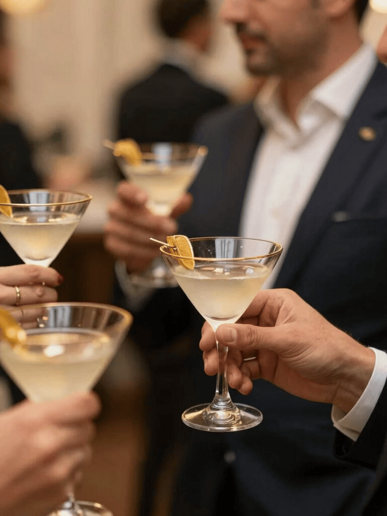 A close-up photography of a high-end Brazilian corporate event in Sao Paulo, guests holding elegant golden-accented cocktails, soft focus background with warm, intimate, and upscale atmosphere, editorial luxury style.