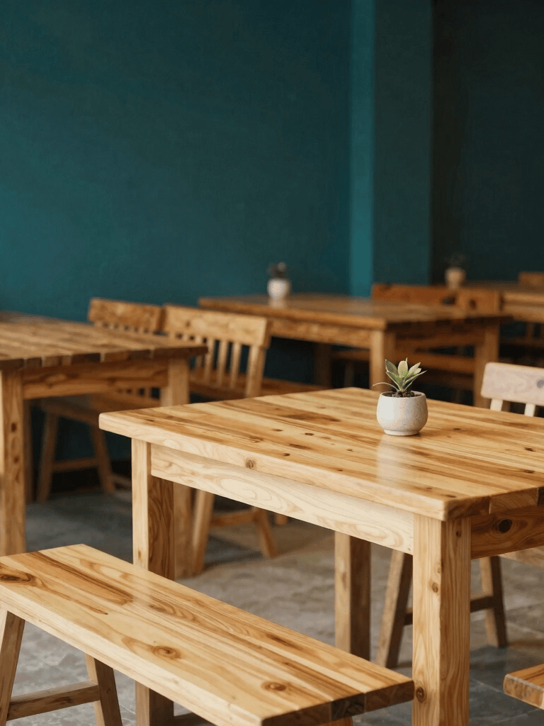 A warm, inviting interior of a clean and modern Javanese warung restaurant in Indonesia. Soft warm light glows on light cream wooden tables and benches, cozy rustic atmosphere with elements of deep teal decor.