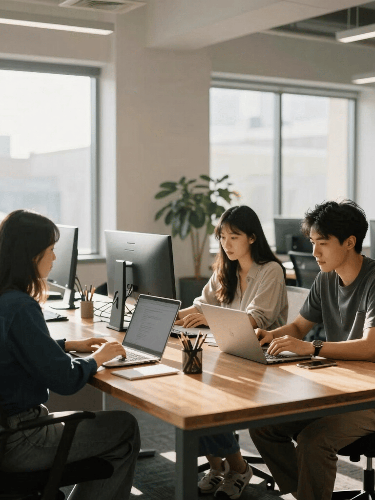 An open-plan North American / US agency office with young professionals working around a large wooden desk, soft morning sunlight, bright vibrant aesthetic.