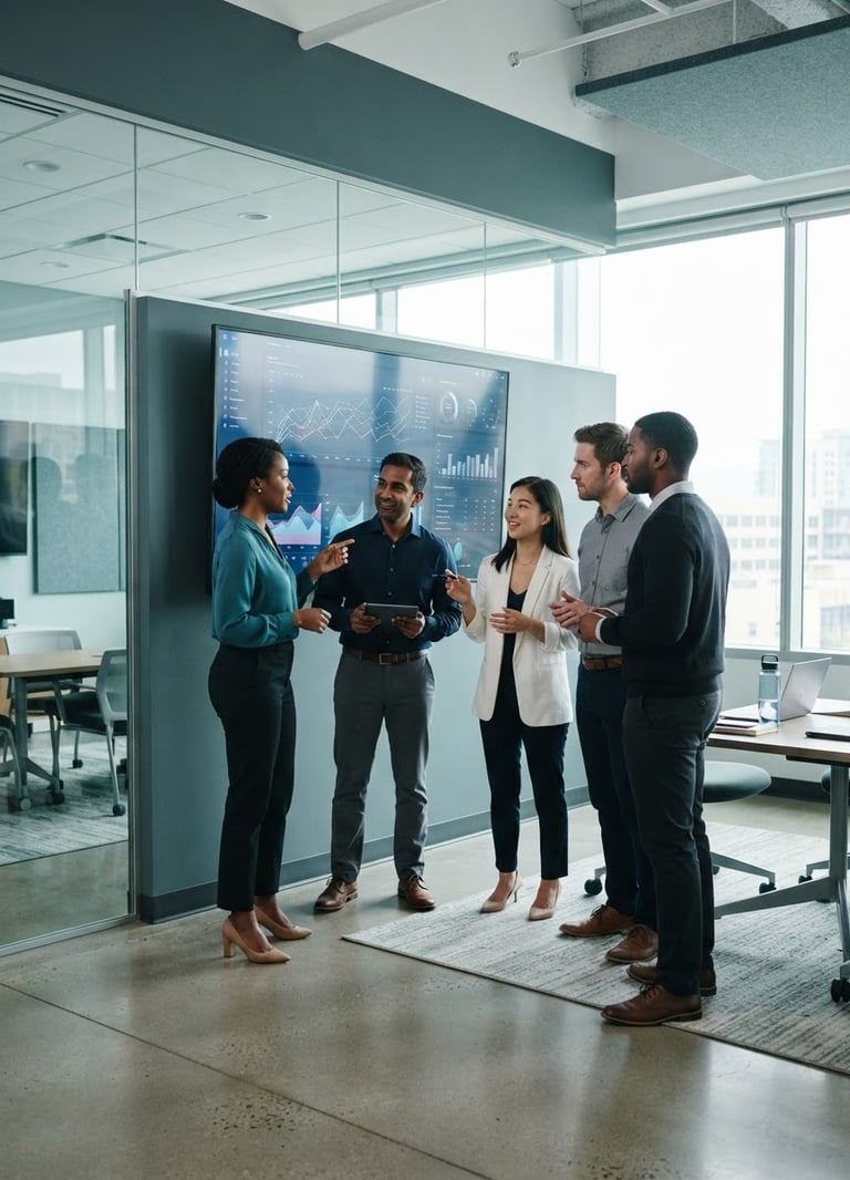 A diverse team of professionals collaborating in a modern, brightly lit office, focused on data on a large screen, with clean architectural lines and cool slate and teal tones, sharp editorial photography, 35mm lens.