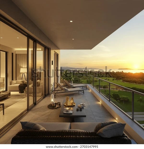 Balcon de penthouse avec mobilier moderne, vue sur le golf et coucher de soleil côtier. Kribi