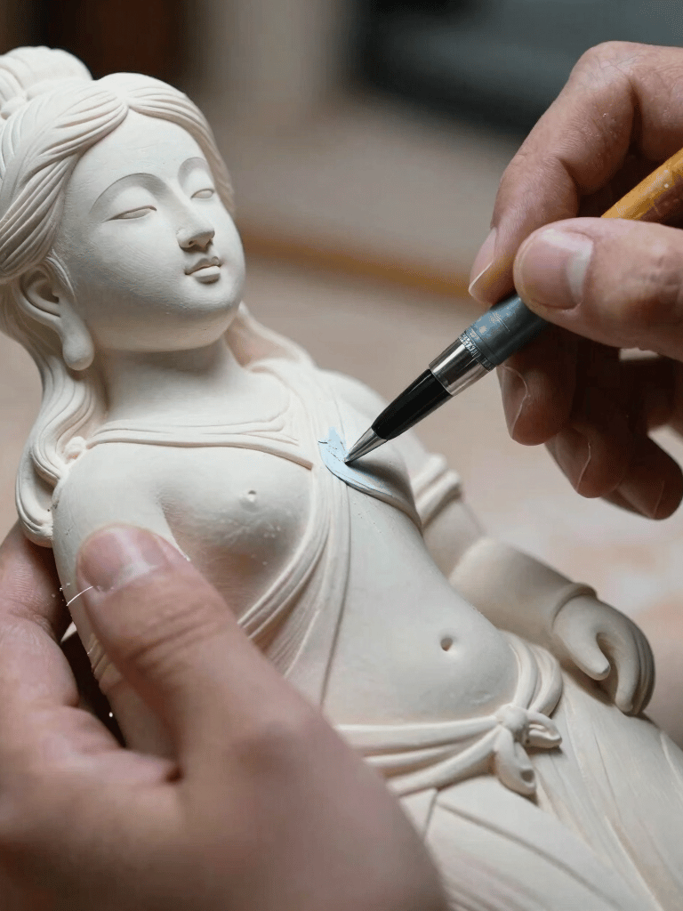 Macro photography showing artistic hands delicately applying paint with a fine brush onto a hand-carved virgin figure in a Chilean craft workshop.