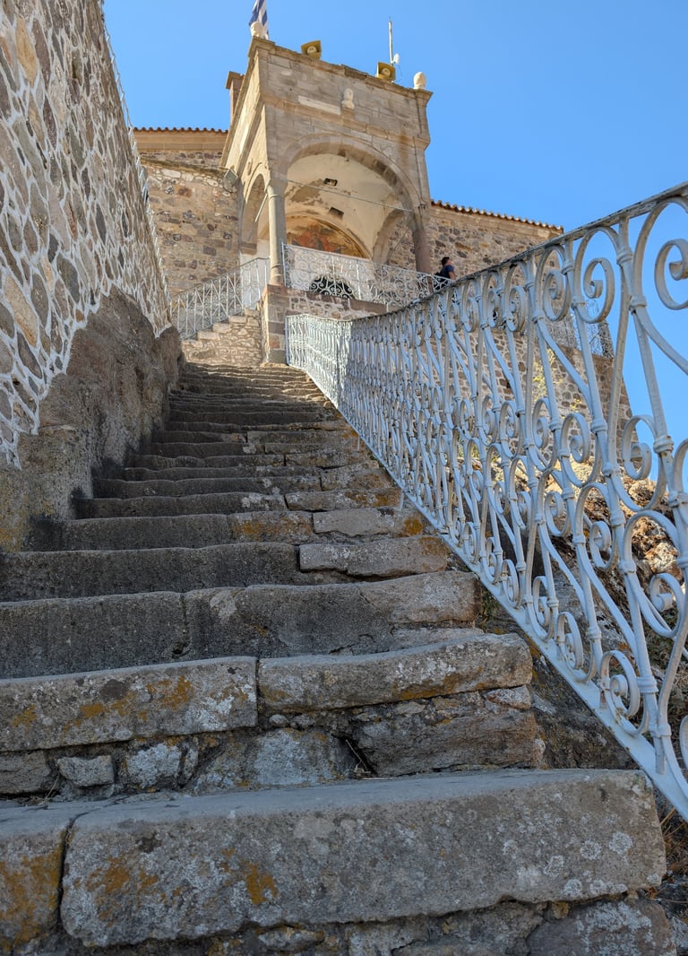 stairs and exterior of the Holy Church of the Virgin Mary Glykophilousa in Petra Greece