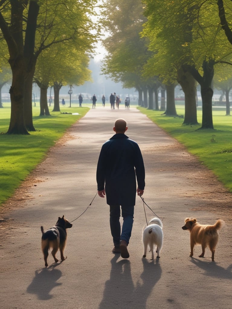 a man walking 3 dogs in a park