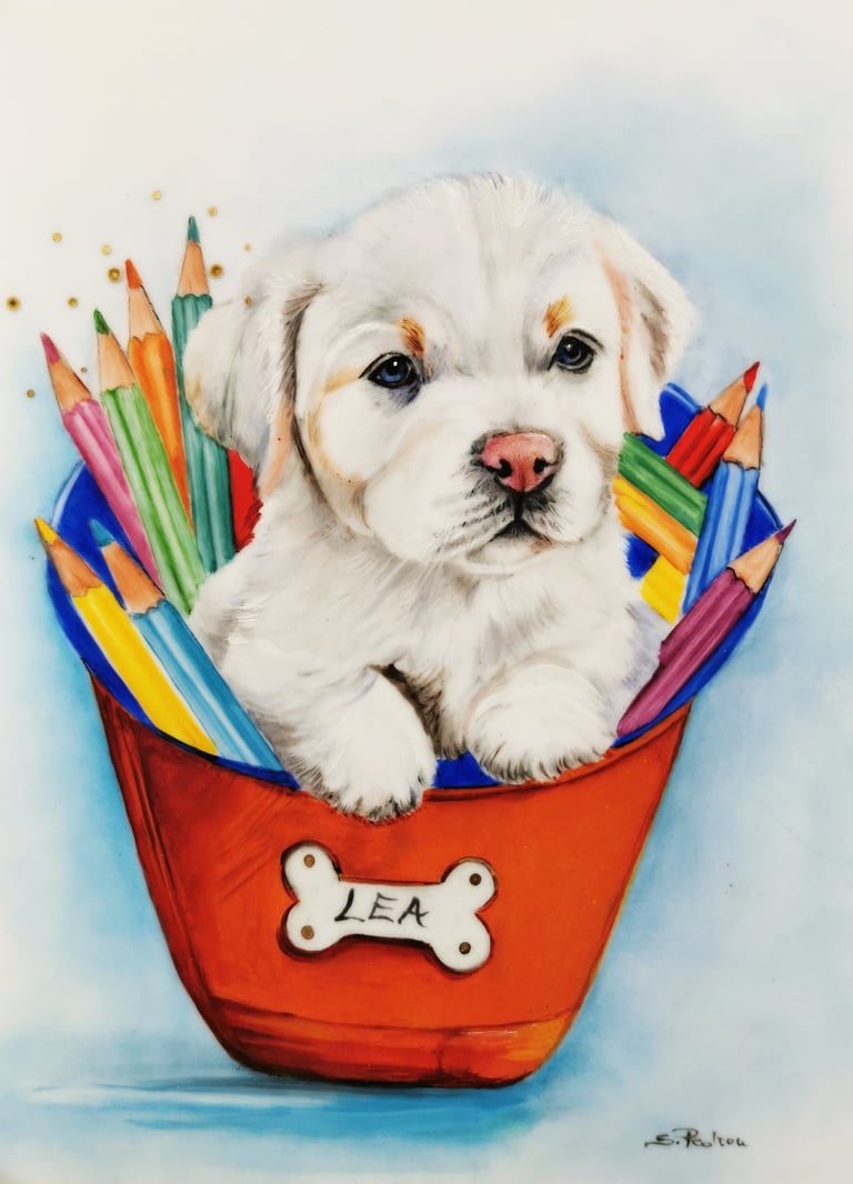 cucciolo di cane dipinto su porcellana